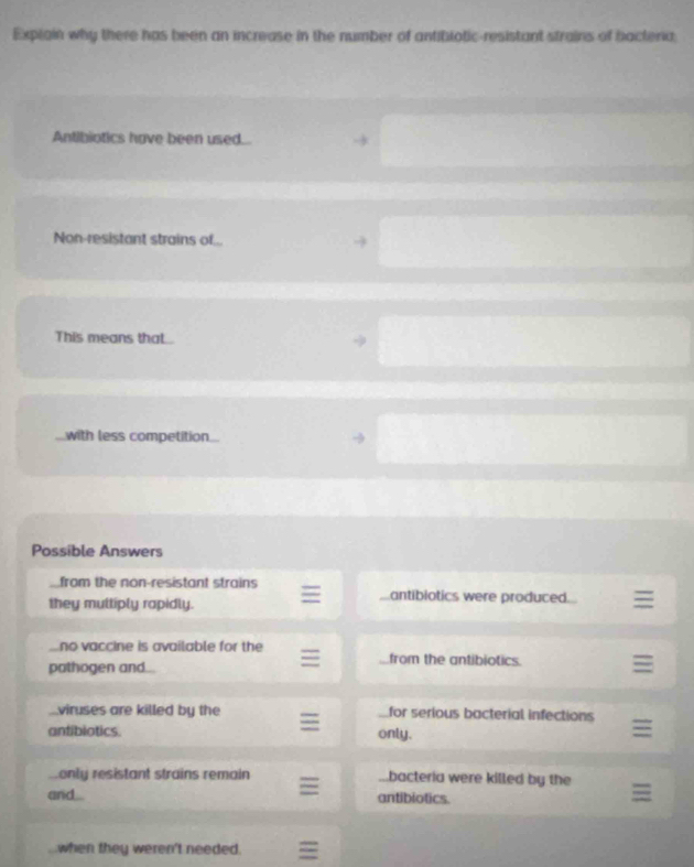 Explain why there has been an increase in the number of antiblotic-resistant strains of bacteria
Antibiotics have been used...
Non-resistant strains of...
This means that...
with less competition
Possible Answers
from the non-resistant strains antibiotics were produced...
they multiply rapidly.
no vaccine is available for the _from the antibiotics.
pathogen and
viruses are killed by the _for serious bacterial infections
antibiotics only.
only resistant strains remain bacteria were killed by the
and... antibiotics.
when they weren't needed.