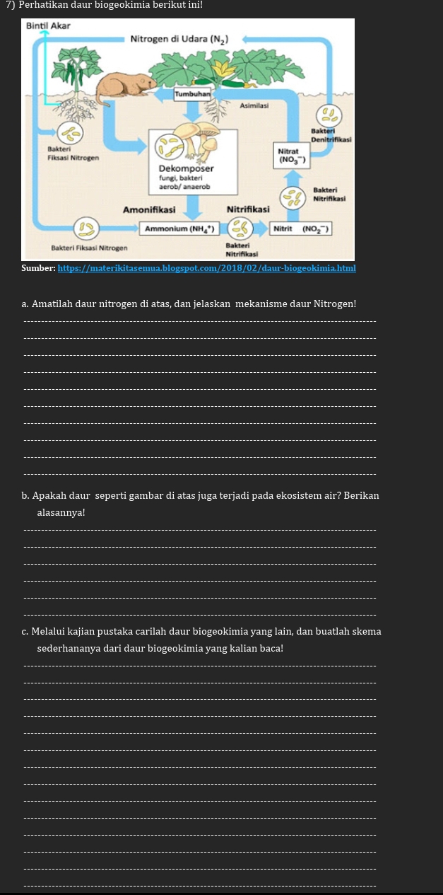 Perhatikan daur biogeokimia berikut ini!
a. Amatilah daur nitrogen di atas, dan jelaskan mekanisme daur Nitrogen!
_
_
_
_
_
_
_
_
_
_
b. Apakah daur seperti gambar di atas juga terjadi pada ekosistem air? Berikan
alasannya!
_
_
_
_
_
_
c. Melalui kajian pustaka carilah daur biogeokimia yang lain, dan buatlah skema
sederhananya dari daur biogeokimia yang kalian baca!
_
_
_
_
_
_
_
_
_
_
_
_
_
_
