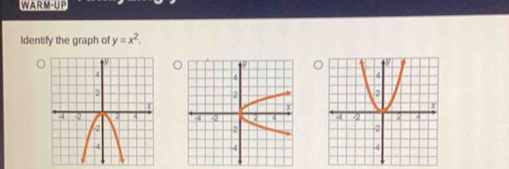 WARM-UP 
Identify the graph of y=x^2.