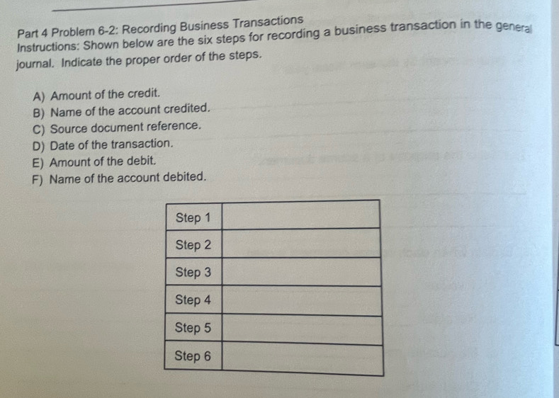 Problem 6-2: Recording Business Transactions 
Instructions: Shown below are the six steps for recording a business transaction in the general 
journal. Indicate the proper order of the steps. 
A) Amount of the credit. 
B) Name of the account credited. 
C) Source document reference. 
D) Date of the transaction. 
E) Amount of the debit. 
F) Name of the account debited.