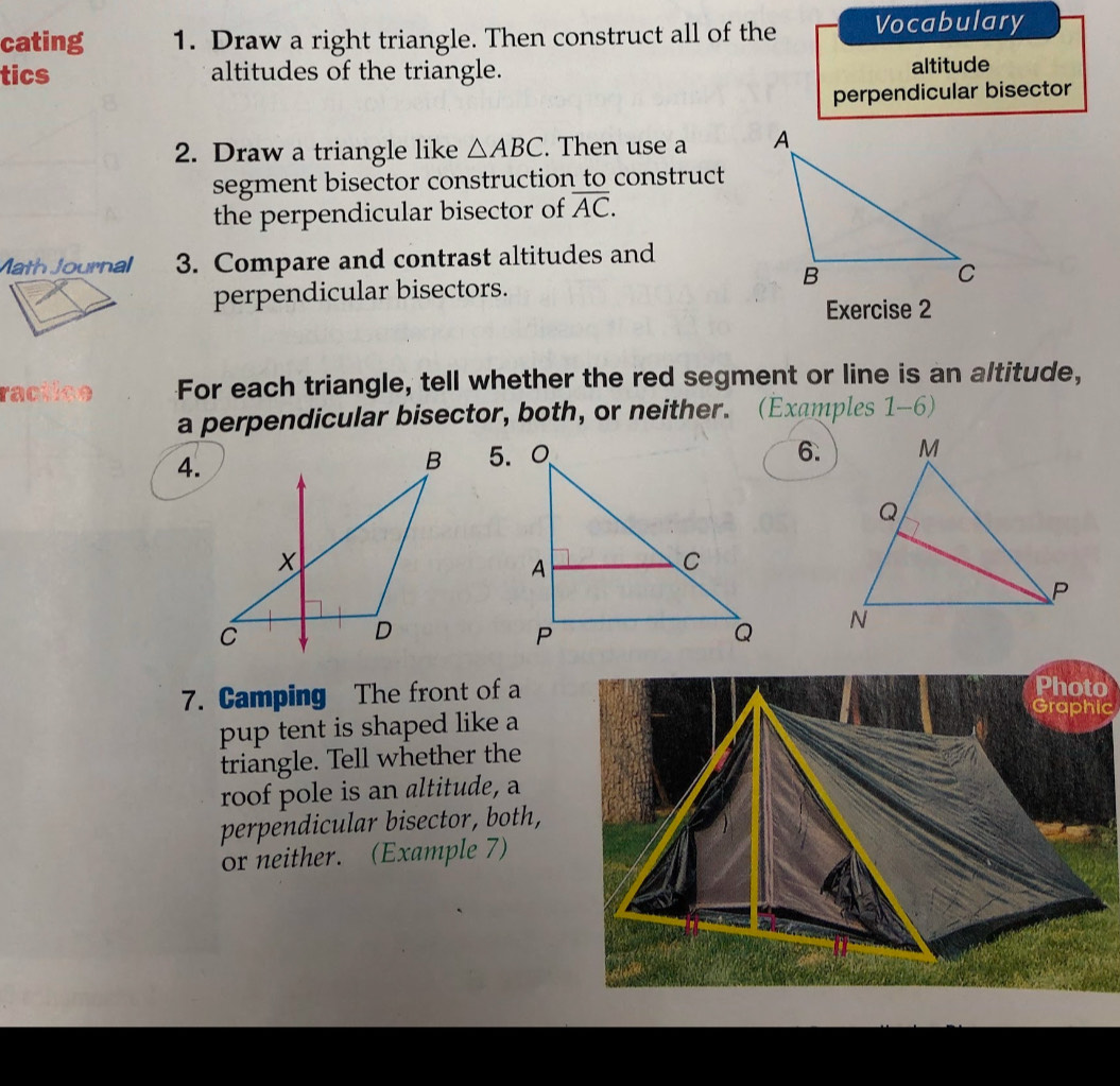 cating 1. Draw a right triangle. Then construct all of the Vocabulary 
tics altitudes of the triangle. altitude 
perpendicular bisector 
2. Draw a triangle like △ ABC. Then use a 
segment bisector construction to construct 
the perpendicular bisector of overline AC. 
Math Journal 3. Compare and contrast altitudes and 
perpendicular bisectors. 
Exercise 2 
ractice For each triangle, tell whether the red segment or line is an altitude, 
a perpendicular bisector, both, or neither. (Examples 1-6) 
4. 
6. 

o 
7. Camping The front of aGraphic 
pup tent is shaped like a 
triangle. Tell whether the 
roof pole is an altitude, a 
perpendicular bisector, both, 
or neither. (Example 7)