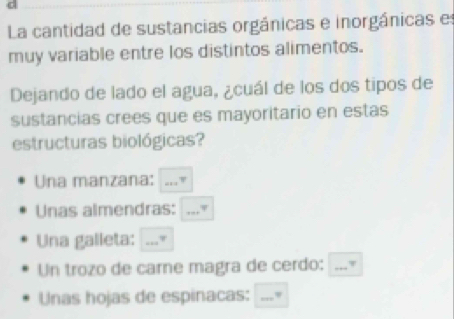 La cantidad de sustancias orgánicas e inorgánicas e
muy variable entre los distintos alimentos.
Dejando de lado el agua, ¿cuál de los dos tipos de
sustancias crees que es mayoritario en estas
estructuras biológicas?
Una manzana:
Unas almendras:
Una galleta:
Un trozo de carne magra de cerdo: .
Unas hojas de espinacas: