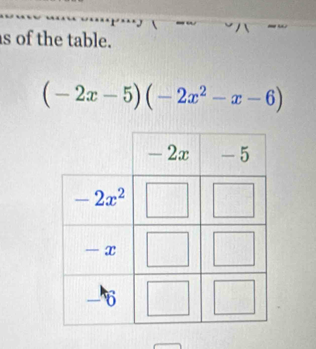 of the table.
(-2x-5)(-2x^2-x-6)