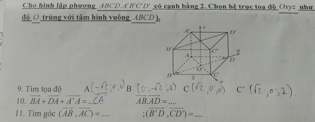 Cho hình lập phương ABCD. A'B'C'D' có cạnh bằng 2. Chọn hệ trục toạ độ Oxyz như
độ O trùng với tâm hình vuông ABCD ).
9. Tìm tọa độ A B
10. vector BA+vector DA+vector A'A=... vector AB.vector AD=...
11. Tìm góc (vector AB,vector AC)=... ;(vector B'D,vector CD')=... _