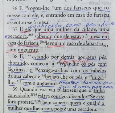 36 '''rogou-lhe '''um dos fariseus que co- 
messe com ele; e, entrando em casa do fariseu, 
assentou-se à mesa. 
37 É eis que uma mulher da cidade, uma 
#pecadora,²ª sabendo que ele estava à mesa em 
casa do fariseu, ªlevou um vaso de alabastro,, 1
com unguento.
8 E, '''estando por detrás, aos seus pés, 
chorando, começou a 'regar-lhe os pés com 
lágrimas, e enxugava-lhos com os cabelos 
da sua cabeça e 'beijava-lhe os pés, e ungia- 
lhos²¹⁸ com o unguento. 
39 Quando isso viu o fariseu que o tinha 
convidado,² falava consigo, dizendo: "Se este 
fora profeta,''' bem saberia quem e qual é a 
mulher que lhe tocou, pois é uma pecadora.