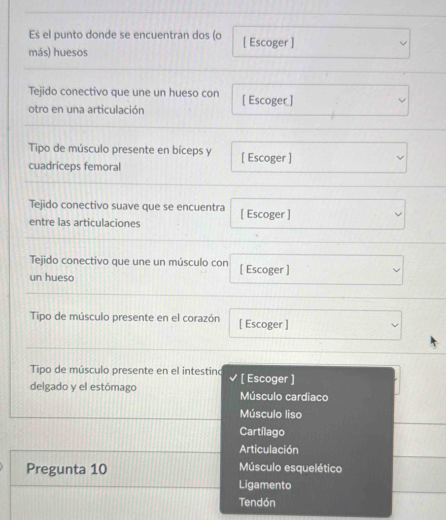 Es el punto donde se encuentran dos (o [ Escoger ]
más) huesos
Tejido conectivo que une un hueso con [ Escoger ]
otro en una articulación
Tipo de músculo presente en bíceps y [ Escoger ]
cuadríceps femoral
Tejido conectivo suave que se encuentra [ Escoger ]
entre las articulaciones
Tejido conectivo que une un músculo con [ Escoger ]
un hueso
Tipo de músculo presente en el corazón [ Escoger ]
Tipo de músculo presente en el intestind [ Escoger ]
delgado y el estómago
Músculo cardiaco
Músculo liso
Cartílago
Articulación
Pregunta 10 Músculo esquelético
Ligamento
Tendón