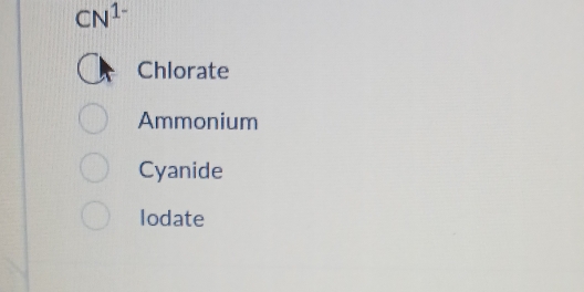 CN^(1-)
Chlorate
Ammonium
Cyanide
lodate