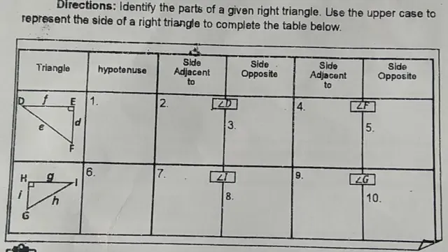 Solved: Directions: Identify the parts of a given right triangle. Use ...
