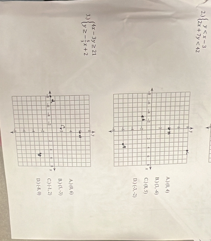 2.) beginarrayl y <42endarray.
A.) (0,4)
B.) (3,-6)
C.) (8,5)
D.) (-3,-2)
3.) beginarrayl 4x-3y≥ 21 y≥ - 5/3 x+2endarray.
A.) (0,6)
B.) (5,-3)
C.) (-1,2)
D.) (-8,0)