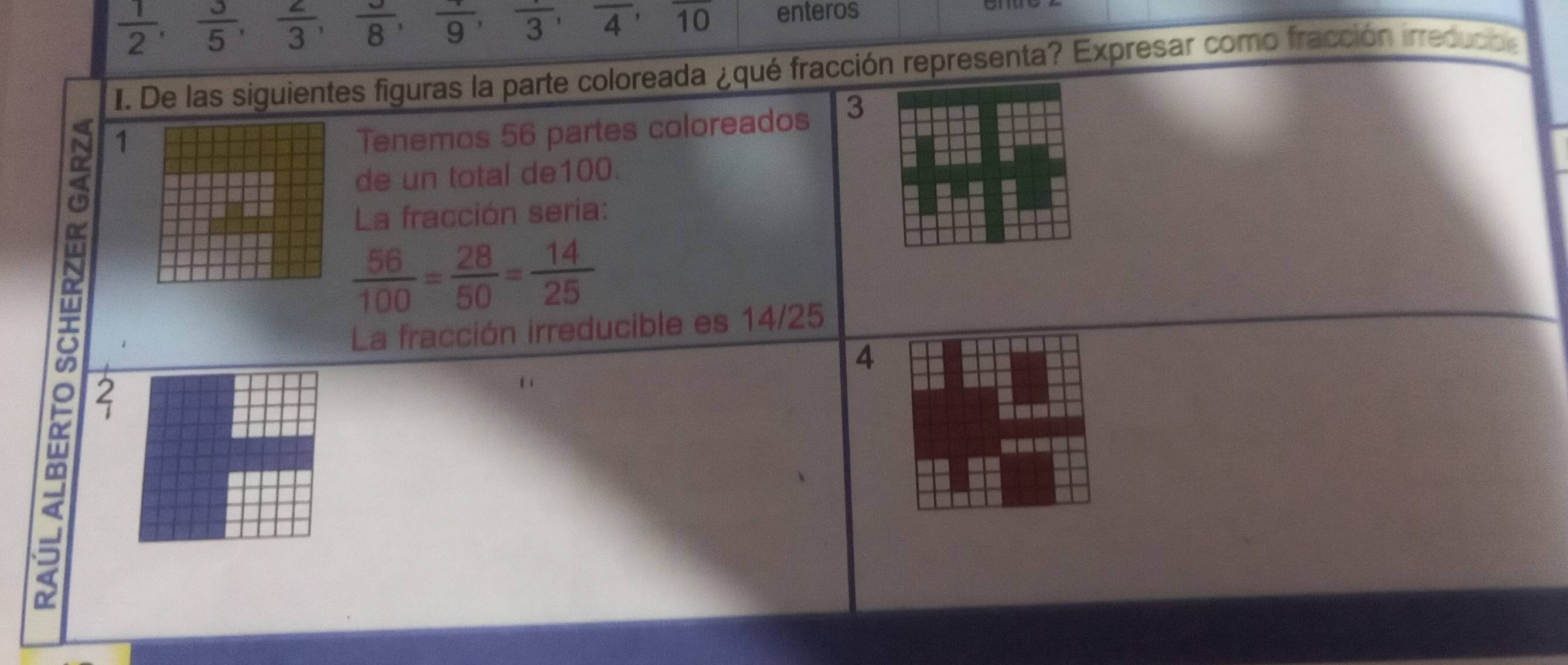  1/2 ,  3/5 ,  2/3 ,  3/8 , frac 9, frac 3, frac 4, frac 10 enteros 
I. De las siguientes figuras la parte coloreada ¿ qué fracción representa? Expresar como fracción irreducbe 
1 
Tenemos 56 partes coloreados 3
de un total de100. 
La fracción seria:
 56/100 = 28/50 = 14/25 
La fracción irreducible es 14/25
4