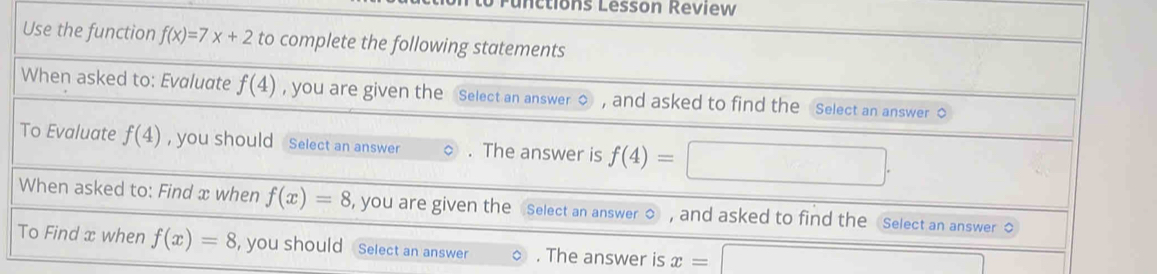 ctions Lesson Review
nswer is x=
(-3,4)