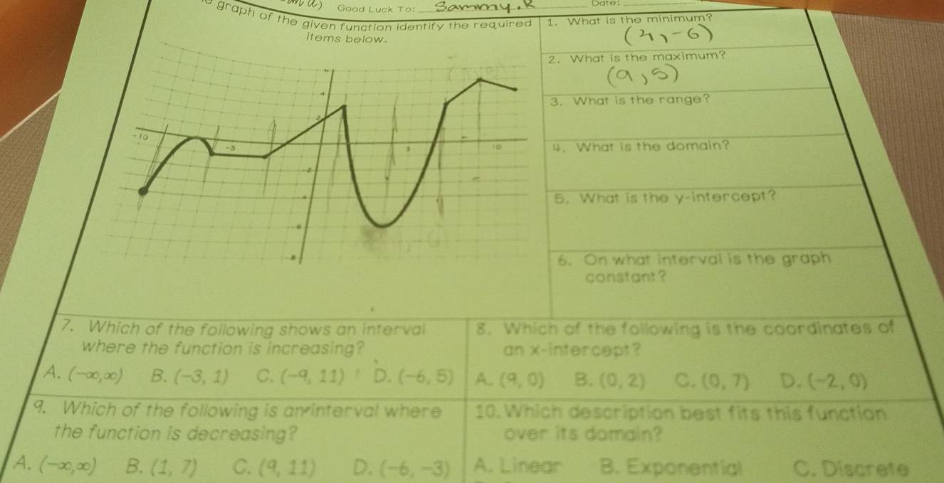 Good Luck To:
Date
graph of the given function identify the required 1. What is the minimum?
items below.
. What is the maximum?
3. What is the range?
4. What is the domain?
5. What is the y-intercept?
6. On what interval is the graph
constant ?
7. Which of the following shows an interval 8. Which of the following is the coordinates of
where the function is increasing? an x-intercept?
A. (-∈fty ,∈fty ) B. (-3,1) C. (-9,11) D. (-6,5) A. (9,0) B. (0,2) C. (0,7) D. (-2,0)
9. Which of the following is an interval where 10. Which description best fits this function
the function is decreasing? over its domain?
A. (-∈fty ,∈fty ) B. (1,7) C. (9,11) D. (-6,-3) A. Linear B. Exponential C. Discrete