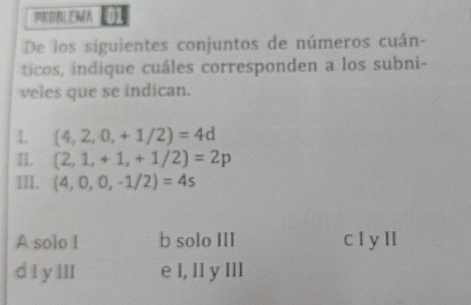 PROBLEMA
De los siguientes conjuntos de números cuán-
ticos, indique cuáles corresponden a los subni-
veles que se indican.
I. (4,2,0,+1/2)=4d
II. (2,1,+1,+1/2)=2p
III. (4,0,0,-1/2)=4s
A solo I b solo III c I y II
d I y III e I, II y III