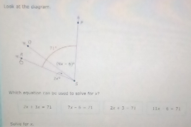 Look at the diagram.
Which equation can be used to solve for x?
2x+3x=71 7x-6=71 2x+3=71 11x-6=71
Solve for x.