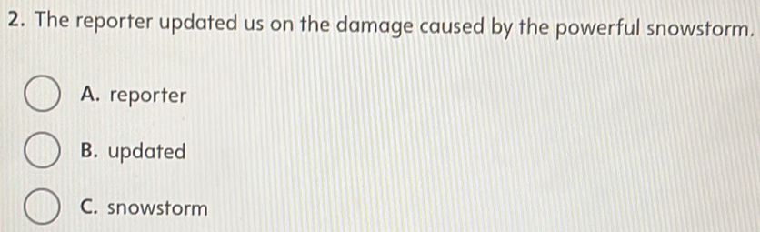 The reporter updated us on the damage caused by the powerful snowstorm.
A. reporter
B. updated
C. snowstorm