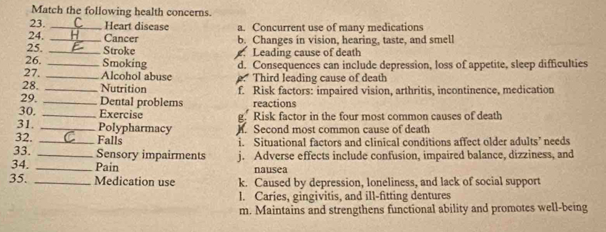 Match the following health concerns.
23. _Heart disease a. Concurrent use of many medications
24. _Cancer b. Changes in vision, hearing, taste, and smell
25. _Stroke . Leading cause of death
26. _Smoking d. Consequences can include depression, loss of appetite, sleep difficulties
27. _Alcohol abuse a Third leading cause of death
28. _Nutrition f. Risk factors: impaired vision, arthritis, incontinence, medication
29. _Dental problems reactions
30. _Exercise g. Risk factor in the four most common causes of death
31. _Polypharmacy h. Second most common cause of death
32. _Falls i. Situational factors and clinical conditions affect older adults’ needs
33. _Sensory impairments j. Adverse effects include confusion, impaired balance, dizziness, and
34. _Pain nausea
35. _Medication use k. Caused by depression, loneliness, and lack of social support
l. Caries, gingivitis, and ill-fitting dentures
m. Maintains and strengthens functional ability and promotes well-being