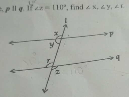 Solved: pparallel q. If ∠ z=110° , find ∠ x, ∠ y, ∠ r. [Math]