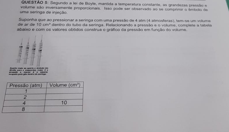 Segundo a lei de Boyle, mantida a temperatura constante, as grandezas pressão e
volume são inversamente proporcionais. Isso pode ser observado ao se comprimir o êmbolo de
uma seringa de injeção.
Suponha que ao pressionar a seringa com uma pressão de 4 atm (4 atmosferas), tem-se um volume
de ar de 10cm^3 dentro do tubo da seringa. Relacionando a pressão e o volume, complete a tabela
abaixo e com os valores obtidos construa o gráfico da pressão em função do volume.
Querée muie se aperta a éridiués (de
Grela para a empucrda), mator é a
pressão e menar é o vutumo
esupado pela gás dentra da esringe