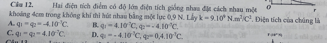 Hai điện tích điểm có độ lớn điện tích giống nhau đặt cách nhau một
khoảng 4cm trong không khí thì hút nhau bằng một lực 0,9 N. Lấy k=9.10^9N.m^2/C^2. Điện tích của chúng là
A. q_1=q_2=-4.10^(-7)C. B. q_1=4.10^(-7)C, q_2=-4.10^(-7)C.
C. q_1=q_2=4.10^(-7)C. D. q_1=-4.10^(-7)C, q_2=0,4.10^(-7)C.
F(10^(-4)N)
Câu 12