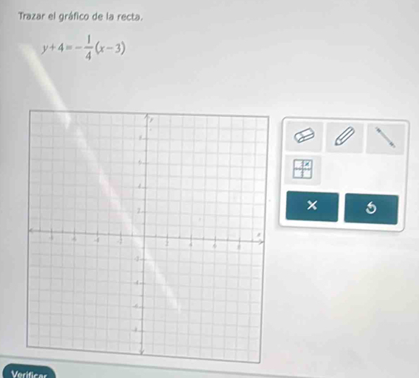 Trazar el gráfico de la recta.
y+4=- 1/4 (x-3)
Verificar