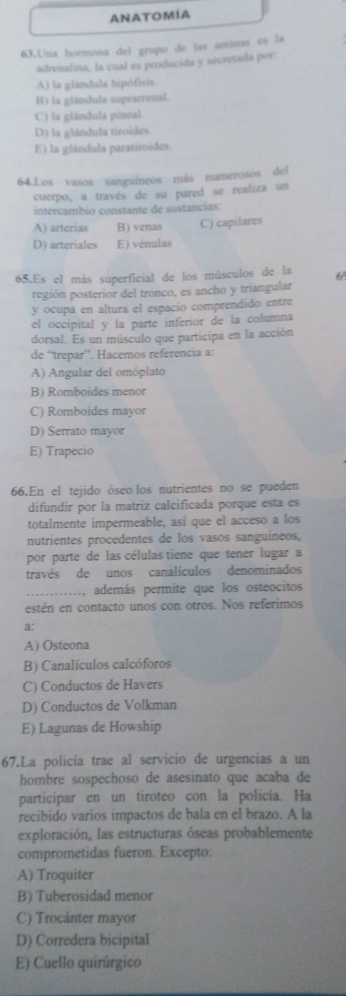 ANATOMÍA
63.Una hormona del grupo de las aminas es la
adrenalina, la cual es producida y secretada por:
A) la glándula hipófisis.
B) la glándula suprarrenal.
C) la glándula pincal.
D) la glándula tiroides.
E) la glándula paratiroides.
64.Los vasos sanguineos más numerosos del
cuerpo, a través de su pared se realiza un
intercambio constante de sustancias:
A) arterias B) venas C) capilares
D) arteriales E) vénulas
65.Es el más superficial de los músculos de la 6
región posterior del tronco, es ancho y triangular
y ocupa en altura el espacio comprendido entre
el occipital y la parte inferior de la columna
dorsal. Es un músculo que participa en la acción
de “trepar”. Hacemos referencia a:
A) Angular del omóplato
B) Romboides menor
C) Romboides mayor
D) Serrato mayor
E) Trapecio
66.En el tejido óseo los nutrientes no se pueden
difundir por la matriz calcificada porque esta es
totalmente impermeable, así que el acceso a los
nutrientes procedentes de los vasos sanguíneos,
por parte de las células tiene que tener lugar a
través de unos canalículos denominados
1, además permite que los osteocitos
estén en contacto unos con otros. Nos referimos
a:
A) Osteona
B) Canalículos calcóforos
C) Conductos de Havers
D) Conductos de Volkman
E) Lagunas de Howship
67.La policía trae al servicio de urgencias a un
hombre sospechoso de asesinato que acaba de
participar en un tiroteo con la policía. Ha
recibido varios impactos de bala en el brazo. A la
exploración, las estructuras óseas probablemente
comprometidas fueron. Excepto:
A) Troquiter
B) Tuberosidad menor
C) Trocánter mayor
D) Corredera bicipital
E) Cuello quirúrgico