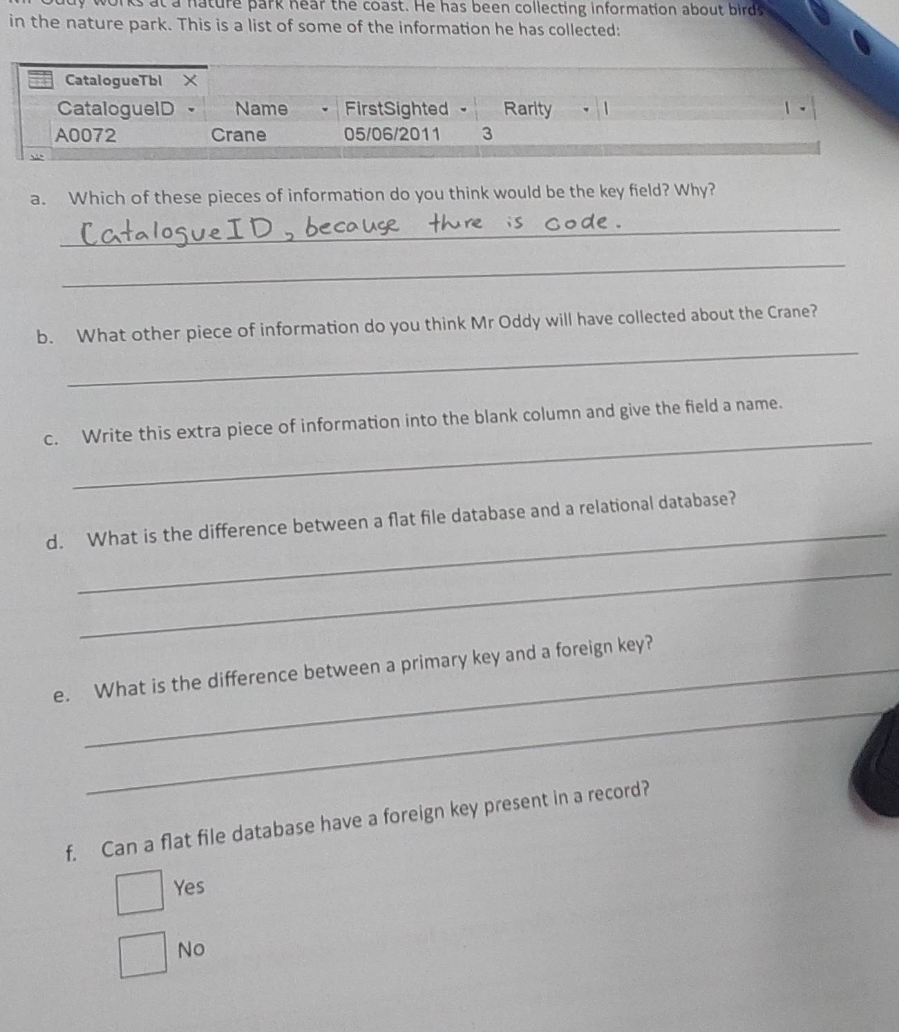 works at a nature park near the coast. He has been collecting information about birds
in the nature park. This is a list of some of the information he has collected:
CatalogueTbl X
CataloguelD Name FirstSighted Rarity 1
.
A0072 Crane 05/06/2011 3
, 
a. Which of these pieces of information do you think would be the key field? Why?
_
_
_
b. What other piece of information do you think Mr Oddy will have collected about the Crane?
_
c. Write this extra piece of information into the blank column and give the field a name.
_
d. What is the difference between a flat file database and a relational database?
_
_
e. What is the difference between a primary key and a foreign key?
f. Can a flat file database have a foreign key present in a record?
Yes
No