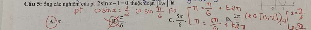 ổng các nghiệm của pt 2sin x-1=0 thuộc đoạn [0;π ] là
0 1
A? π. B.  π /6 ·
C. π