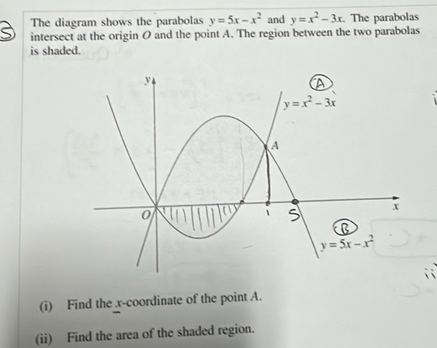 The diagram shows the parabolas y=5x-x^2 and y=x^2-3x. The parabolas
intersect at the origin O and the point A. The region between the two parabolas
is shaded.
(i) Find the x-coordinate of the point A.
(ii) Find the area of the shaded region.