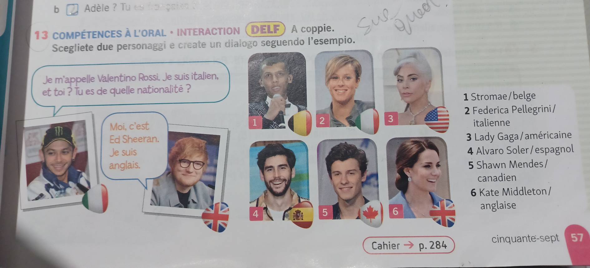 Adèle ? Tu es français 
13 COMPÉTENCES À L'ORAL · INTERACTION (DELF) A coppie.
ndo l’esempio.
e/belge
ca Pellegrini/
italienne
aga/américaine
Soler/espagnol
Mendes/
canadien
Middleton/
anglaise
Cahier p. 284
nquante-sept 57