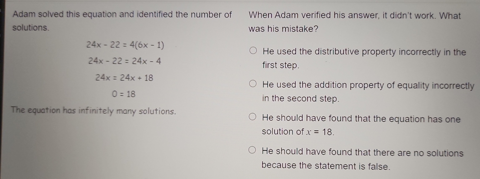Solved: Adam solved this equation and identified the number of When ...