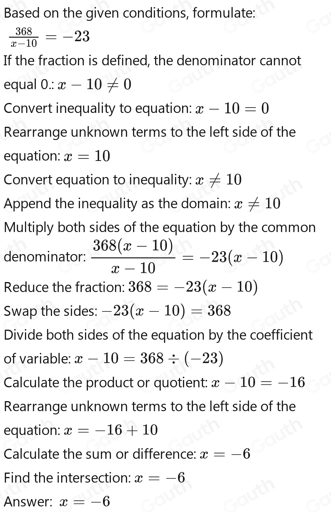 Solved: If the fraction 368/x-10 is equivalent to - 23, find the value ...