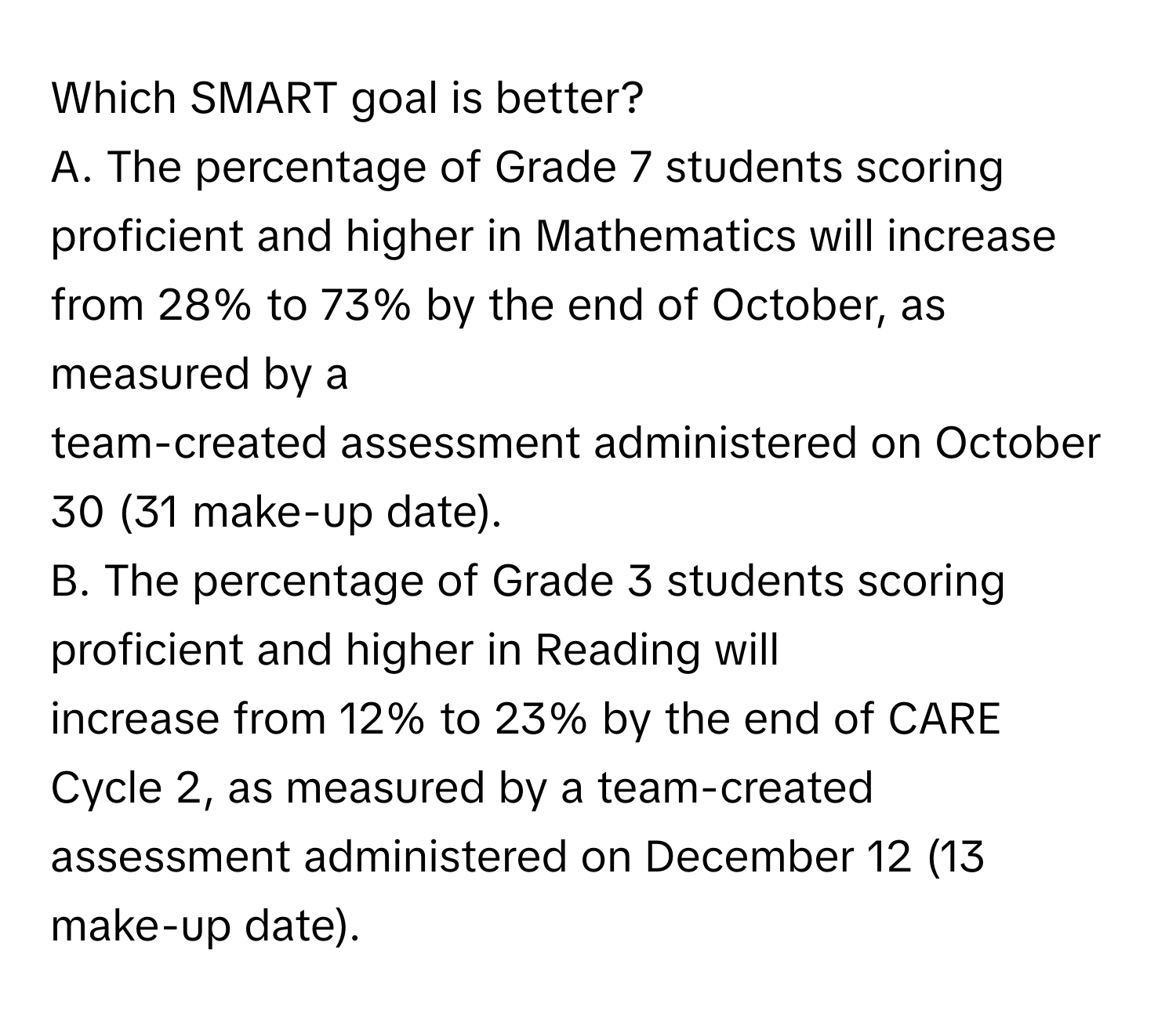 Which SMART goal is better? 
A. The percentage of Grade 7 students scoring proficient and higher in Mathematics will increase from 28% to 73% by the end of October, as measured by a 
team-created assessment administered on October 30 (31 make-up date).
B. The percentage of Grade 3 students scoring proficient and higher in Reading will 
increase from 12% to 23% by the end of CARE Cycle 2, as measured by a team-created assessment administered on December 12 (13 make-up date).