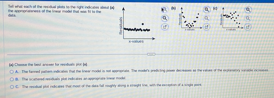 Tell what each of the residual plots to the right indicates about (a)
the appropriateness of the linear model that was fit to the (b) (c)
data.
4
z
x -values x -values
x -values
(a) Choose the best answer for residuals plot (a).
A. The fanned pattern indicates that the linear model is not appropriate. The model's predicting power decreases as the values of the explanatory variable increases.
B. The scattered residuals plot indicates an appropriate linear model.
C. The residual plot indicates that most of the data fall roughly along a straight line, with the exception of a single point.