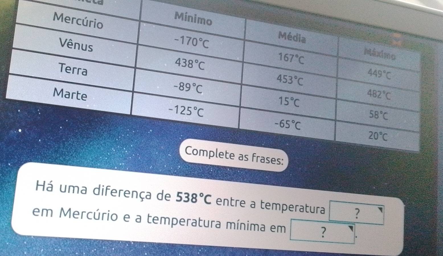 cld
Há uma diferença de 538°C entre a temperatura ?
em Mercúrio e a temperatura mínima em ?