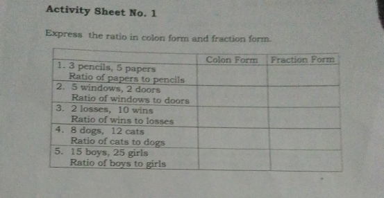 Activity Sheet No. 1 
Express the ratio in colon form and fraction form.