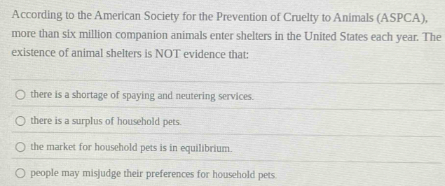 According to the American Society for the Prevention of Cruelty to Animals (ASPCA),
more than six million companion animals enter shelters in the United States each year. The
existence of animal shelters is NOT evidence that:
there is a shortage of spaying and neutering services.
there is a surplus of household pets.
the market for household pets is in equilibrium.
people may misjudge their preferences for household pets.