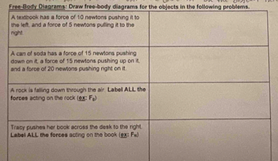 Free-Body Diagrams: Draw free-body diagrams for the objects in the following problems.