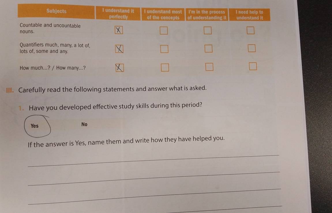 Carefully read the following statements and answer what is asked.
1. Have you developed effective study skills during this period?
Yes No
If the answer is Yes, name them and write how they have helped you.
_
_
_
_