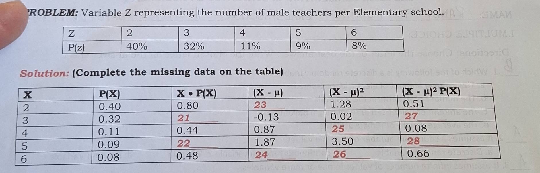 'ROBLEM: Variable Z representing the number of male teachers per Elementary school.
Solution: (Complete the missing data on the table)