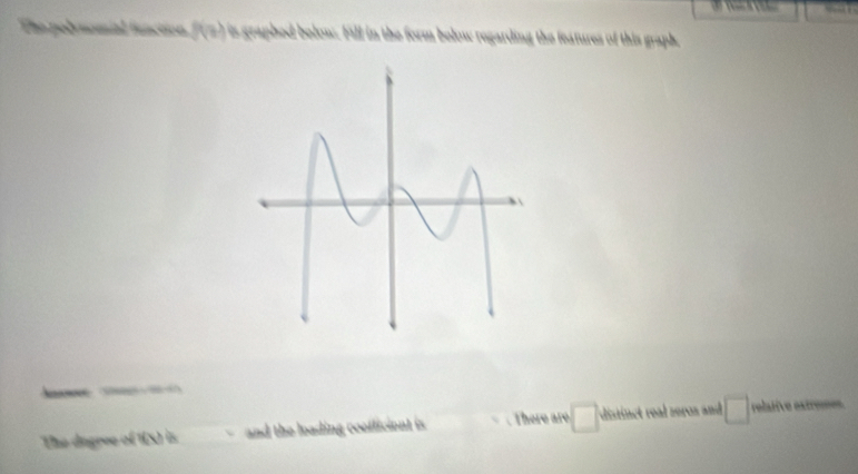 The pobrnomial function f(n) is graphed bolow. Fill in the form bolow regarding the features of this graph, 

The dngree of 1X) is and the loading coefficient is There are □ distinct real seros and □ relative estrines