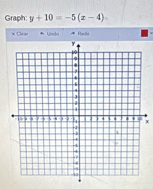 Graph: y+10=-5(x-4)
Clear Undo Redo
x