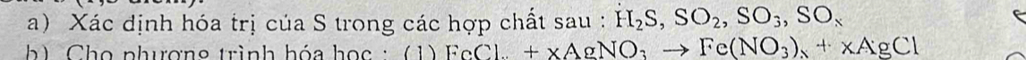Xác định hóa trị của S trong các hợp chất sau : H_2S, SO_2, SO_3, SO_x
b) Chọ phượng trình hóa học : (1) FeCl_3+XAgNO_3to Fe(NO_3)_3+XAgCl