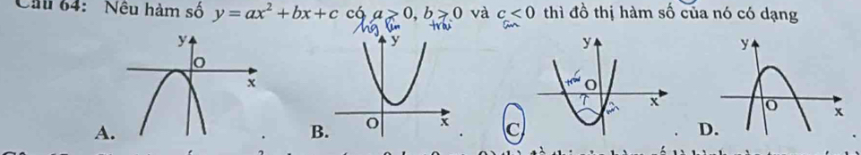 Ch 64:  Nêu hàm số y=ax^2+bx+c cá a>0,b>0 và c<0</tex> thì đồ thị hàm số của nó có dạng
A
B. c