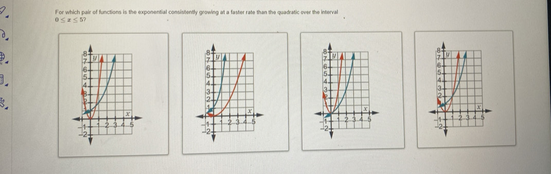 For which pair of functions is the exponential consistently growing at a faster rate than the quadratic over the interval
0≤ x≤ 5 ?
y
6
5
4
3
3
X
-1
1 2 3 4 5
-2