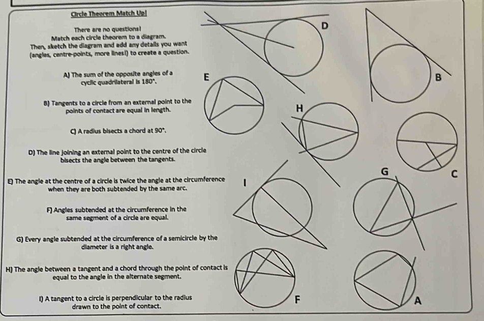 Circle Theorem Match Up|
There are no questions!
Match each circle theorem to a diagram.
Then, sketch the diagram and add any details you want
(angles, centre-points, more linesl) to create a question.
A) The sum of the opposite angles of a 
cyclic quadrilateral is 180°.
B) Tangents to a circle from an external point to the
points of contact are equal in length.
C) A radius bisects a chord at 90°.
D) The line joining an external point to the centre of the circle
bisects the angle between the tangents.
E) The angle at the centre of a circle is twice the angle at the circumference
when they are both subtended by the same arc.
F) Angles subtended at the circumference in the
same segment of a circle are equal.
G) Every angle subtended at the circumference of a semicircle by the
dlameter is a right angle.
H) The angle between a tangent and a chord through the point of contact is
equal to the angle in the alternate segment.
I) A tangent to a circle is perpendicular to the radius
drawn to the point of contact.
A