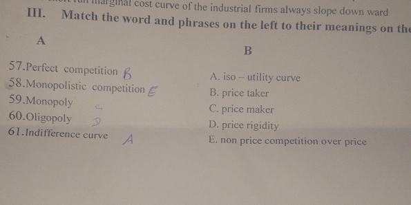 marginal cost curve of the industrial firms always slope down ward 
III. Match the word and phrases on the left to their meanings on the
A
B
57.Perfect competition A. iso - utility curve
58.Monopolistic competition B. price taker
59.Monopoly
C. price maker
60.Oligopoly D. price rigidity
61.Indifference curve E. non price competition over price