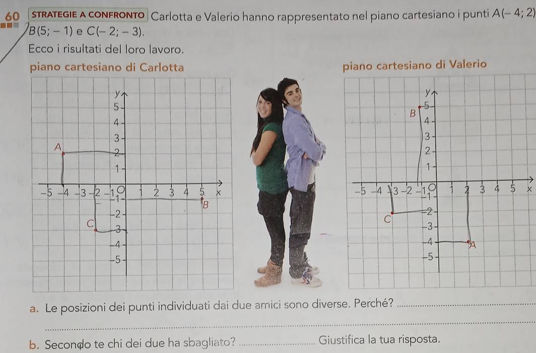 sTRATegie A confronTo | Carlotta e Valerio hanno rappresentato nel piano cartesiano i punti A(-4;2)
B(5;-1) e C(-2;-3). 
Ecco i risultati del loro lavoro. 


a. Le posizioni dei punti individuati dai due amici sono diverse. Perché?_ 
_ 
b. Secondo te chi dei due ha sbagliato? _Giustifica la tua risposta.