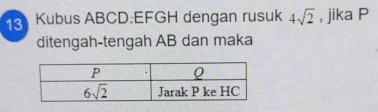 Kubus ABCD:EFGH dengan rusuk 4sqrt(2) , jika P
ditengah-tengah AB dan maka