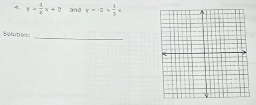 y= 1/3 x+2 and y=-5+ 1/3 x
Solution:
_