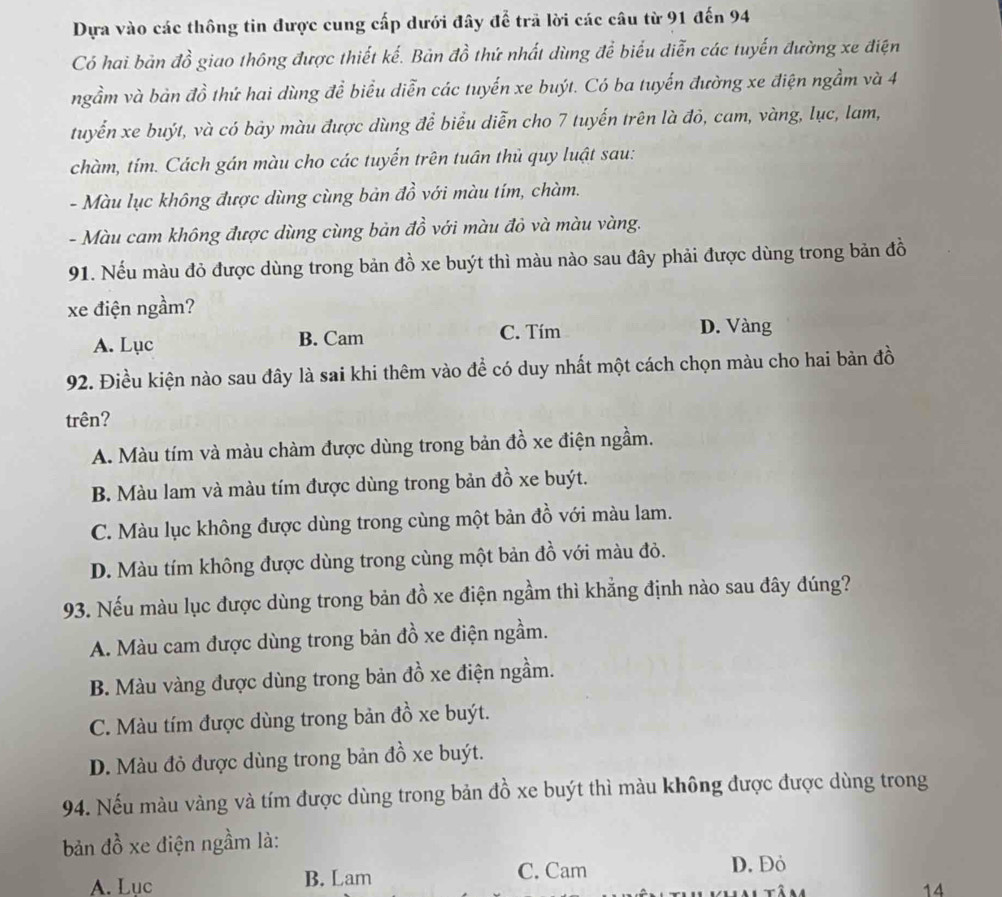 Dựa vào các thông tin được cung cấp dưới đây để trã lời các câu từ 91 đến 94
Có hai bản đồ giao thông được thiết kế. Bản đồ thứ nhất dùng để biểu diễn các tuyến đường xe điện
ngầm và bản đồ thứ hai dùng đề biểu diễn các tuyến xe buýt. Có ba tuyến đường xe điện ngầm và 4
tuyển xe buýt, và có bảy màu được dùng để biểu diễn cho 7 tuyến trên là đỏ, cam, vàng, lục, lam,
chàm, tím. Cách gán màu cho các tuyến trên tuần thủ quy luật sau:
- Màu lục không được dùng cùng bản đồ với màu tím, chàm.
- Màu cam không được dùng cùng bản đồ với màu đỏ và màu vàng.
91. Nếu màu đỏ được dùng trong bản đồ xe buýt thì màu nào sau đây phải được dùng trong bản đồ
xe điện ngầm?
A. Lục B. Cam C. Tím
D. Vàng
92. Điều kiện nào sau đây là sai khi thêm vào để có duy nhất một cách chọn màu cho hai bản đồ
trên?
A. Màu tím và màu chàm được dùng trong bản đồ xe điện ngầm.
B. Màu lam và màu tím được dùng trong bản đồ xe buýt.
C. Màu lục không được dùng trong cùng một bản đồ với màu lam.
D. Màu tím không được dùng trong cùng một bản đồ với màu đỏ.
93. Nếu màu lục được dùng trong bản đồ xe điện ngầm thì khẳng định nào sau đây đúng?
A. Màu cam được dùng trong bản đồ xe điện ngầm.
B. Màu vàng được dùng trong bản đồ xe điện ngầm.
C. Màu tím được dùng trong bản đồ xe buýt.
D. Màu đỏ được dùng trong bản đồ xe buýt.
94. Nếu màu vàng và tím được dùng trong bản đồ xe buýt thì màu không được được dùng trong
ản đồ xe điện ngầm là:
A. Lục B. Lam C. Cam D. Đỏ
14